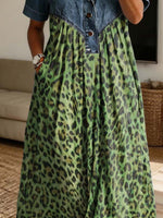 Retro Leopard Pattern Art Print Casual Stylish Lapel Denim Patchwork Dress