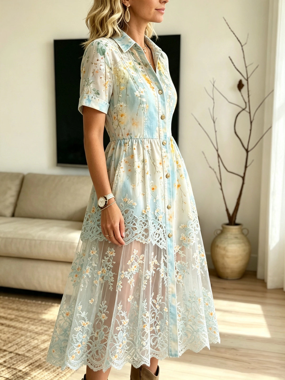 Women's Floral Lace Mesh Shirt Dress