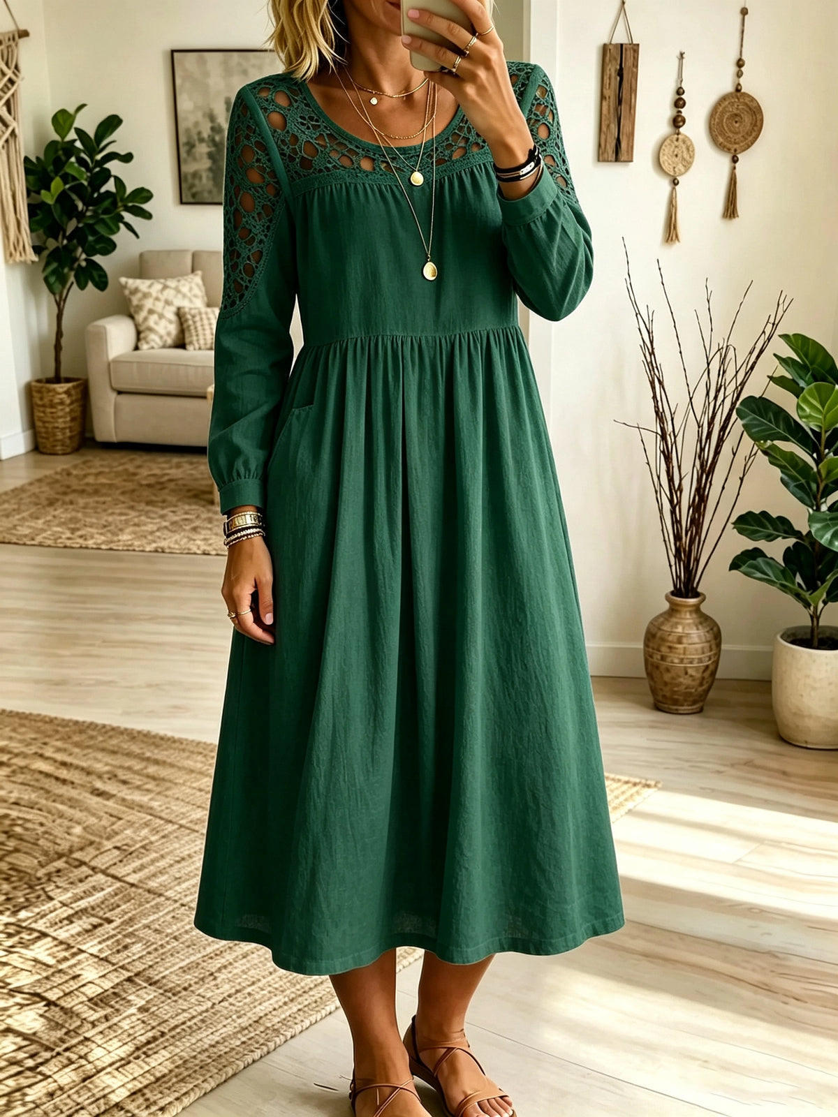 Women's Crochet Cutout Yoke Midi Dress