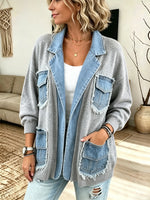 Women's Denim Trim Patchwork Knit Cardigan