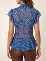 Women Blue Leopard Print Ruffle Blouse Tie Front Flutter Short Sleeve Peplum Chiffon Top