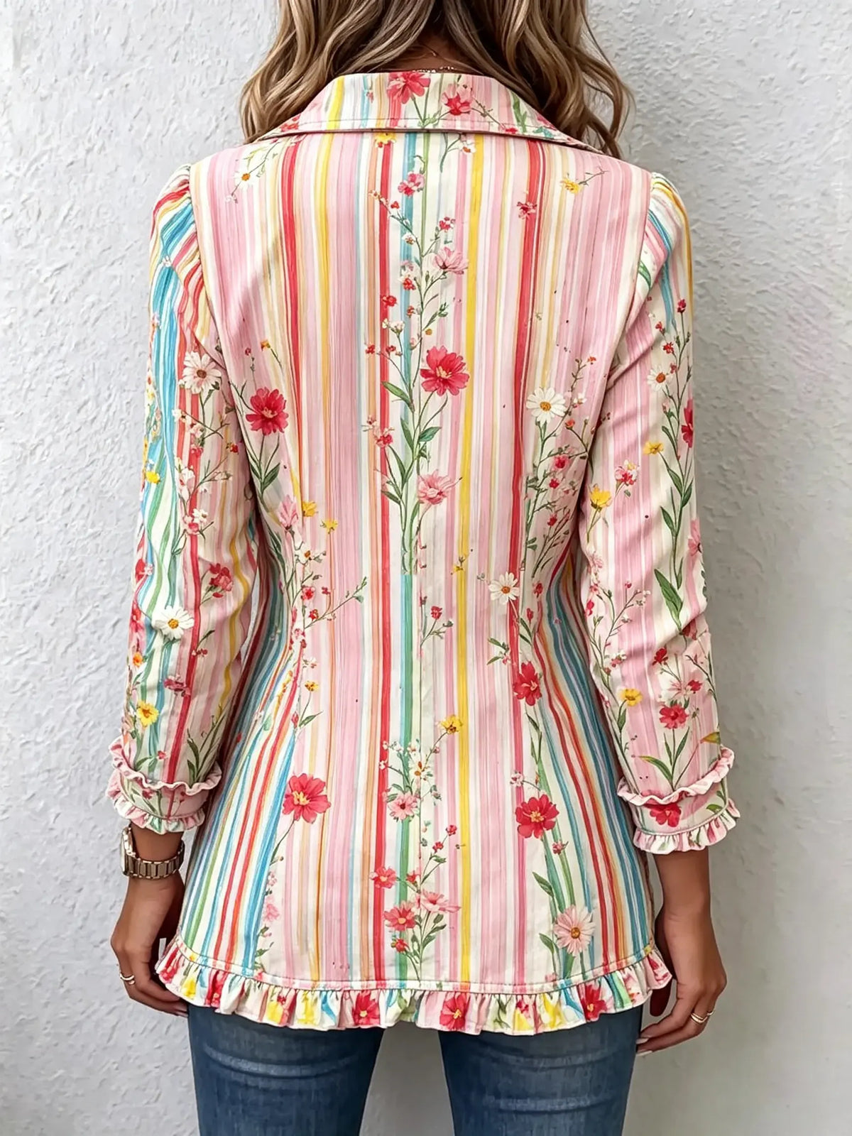 Women's Floral Stripe Ruffle Blazer Jacket