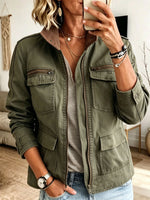 Women Olive Green Utility Cargo Jacket Zip‑Up Multi‑Pocket Casual Outerwear