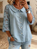 Women Peter Pan Collar Lace Raglan 3/4 Sleeve Button Blouse