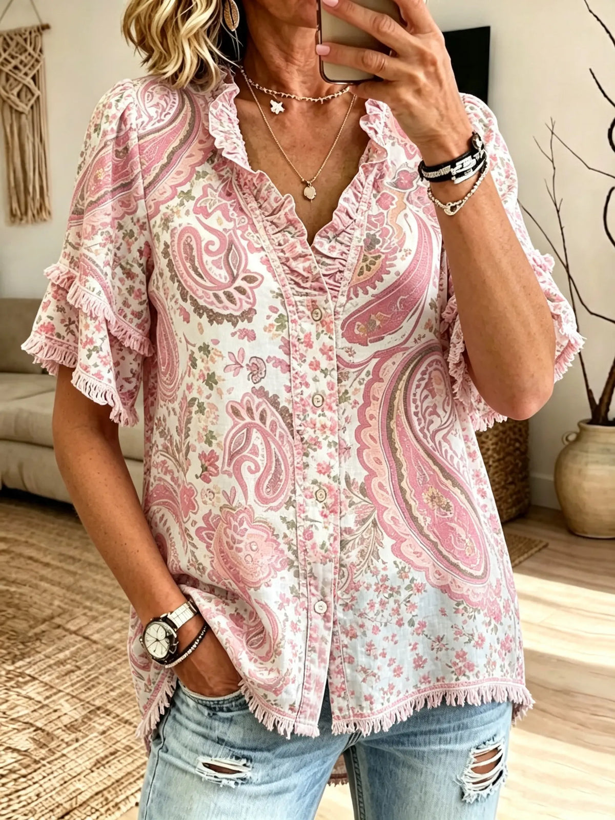 Women's Paisley Fringe Ruffle Short Sleeve Blouse