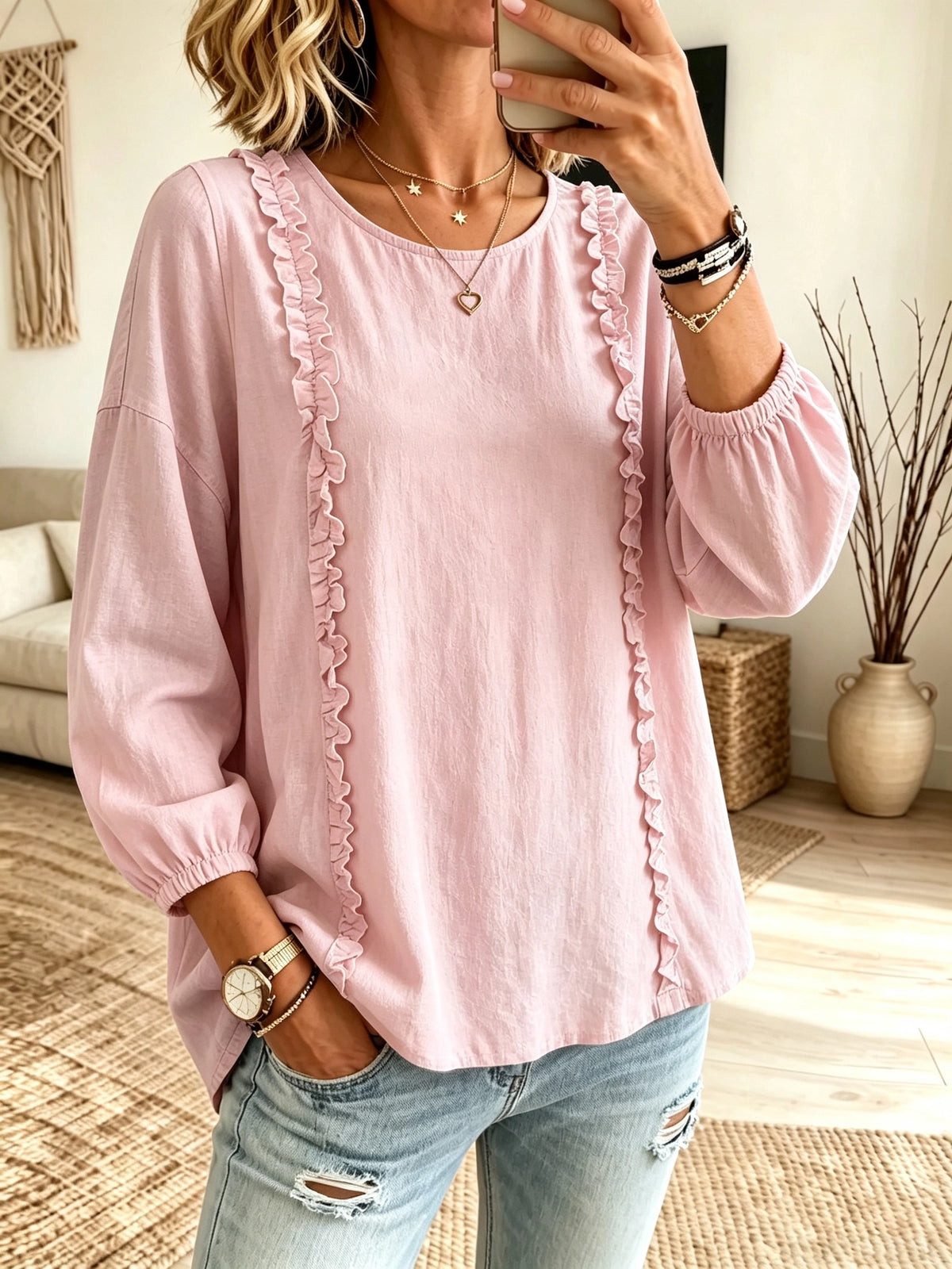 Women's Ruffle Trim Long Sleeve Blouse