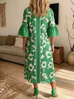 Women Green Floral Print V-Neck Flared Sleeve Midi Dress With Pockets