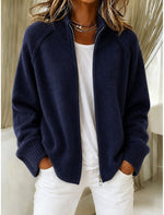 Women Stand Collar Full‑Zip Raglan Sleeve Chunky Knit Cardigan Jacket