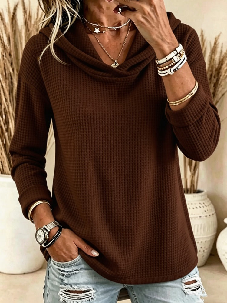Women's Waffle Knit Cowl Neck Hoodie Top