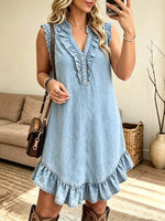 Women's Sleeveless Ruffle Trim Denim Shift Dress