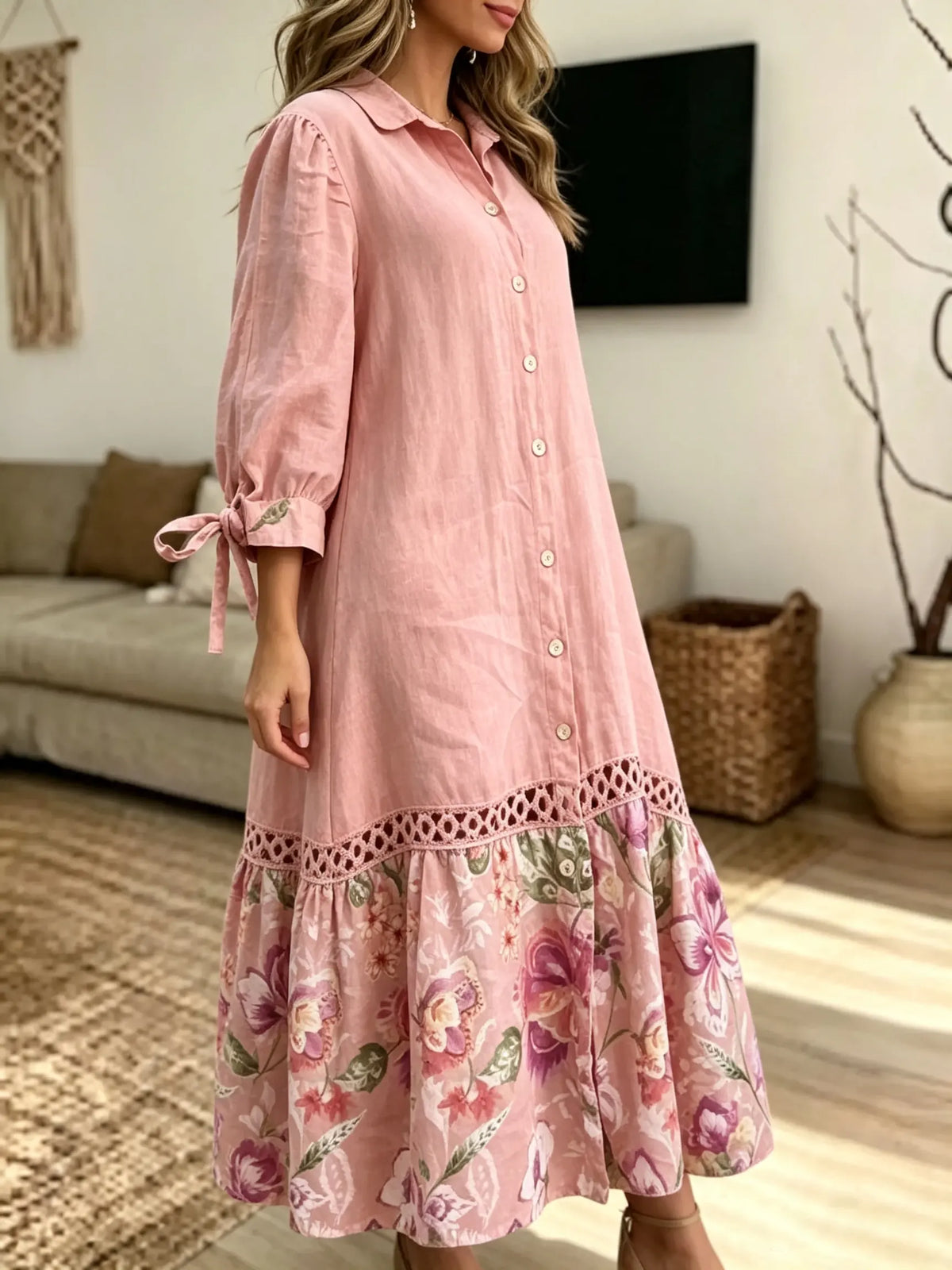 Women's Floral Print Crochet Shirt Dress