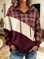 Women Plaid Color‑Block Drawstring Hooded Long Sleeve Knit Sweater