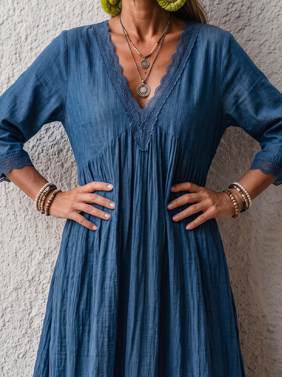 Vintage Elegant Cotton Linen Patchwork Lace Dress