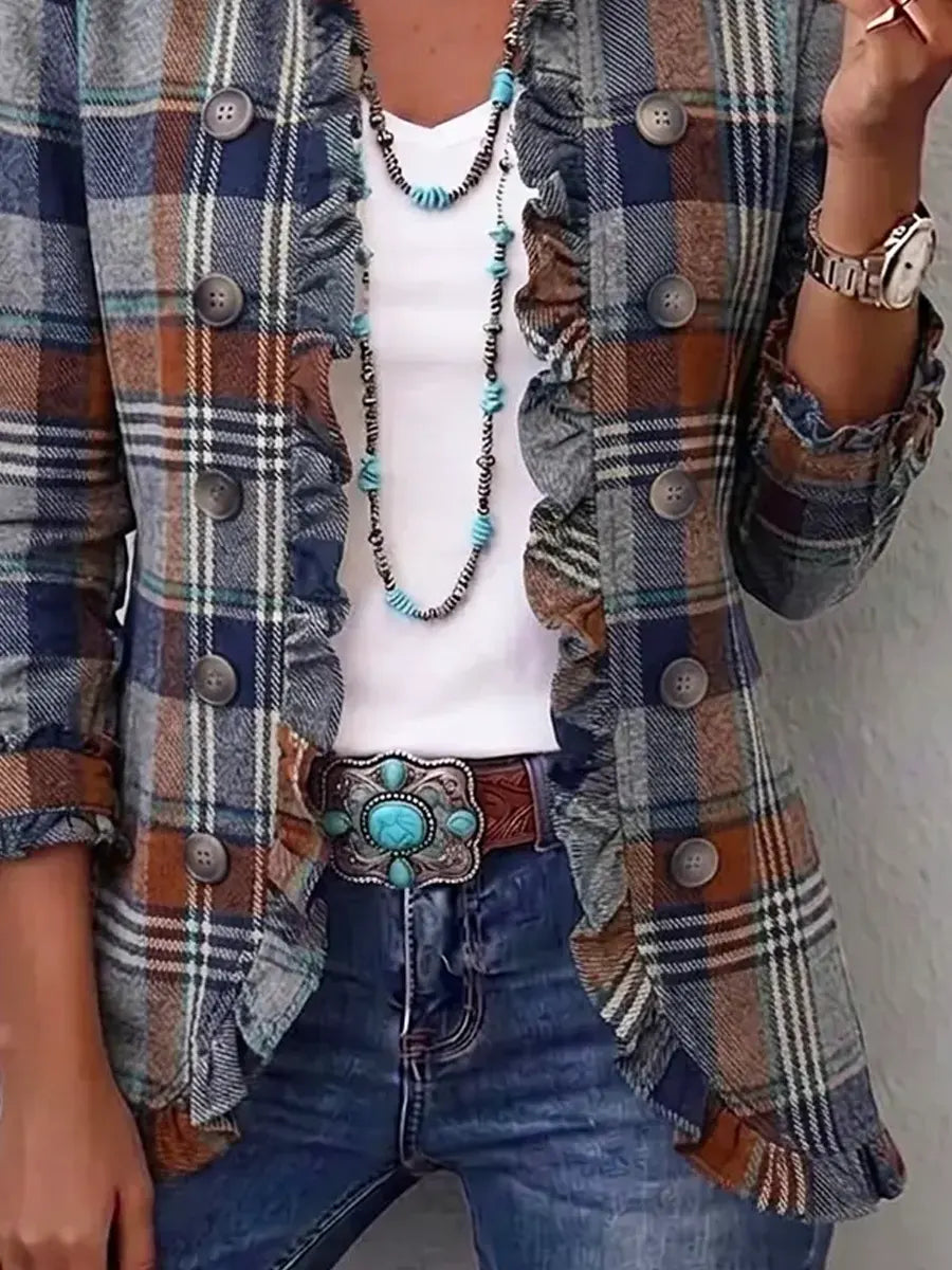 Retro Plaid Pattern Art Print Ruffle Casual Stylish Cotton Lapel Coat