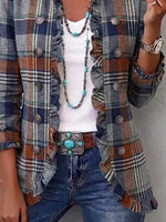 Retro Plaid Pattern Art Print Ruffle Casual Stylish Cotton Lapel Coat