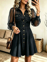 Women's Sheer Puff Sleeve Button-Down Denim Dress