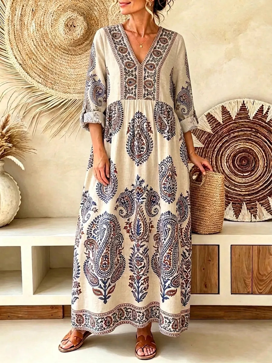 Retro Ethnic Floral Pattern Art Print Casual V-neck Cotton Linen Maxi Dress