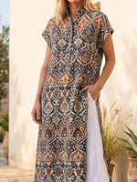 Retro Ethnic Floral Pattern Art Print Casual Side Slits Stylish Cotton Linen Shirt
