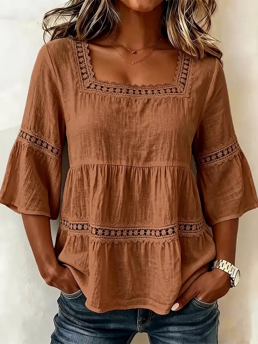 Retro Elegant Lace Floral Hollow Square Collar Casual Stylish Cotton Shirt