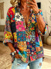 Women’s Colorful Boho Patchwork Floral Print Ruffle Collar Loose Button Down Blouse