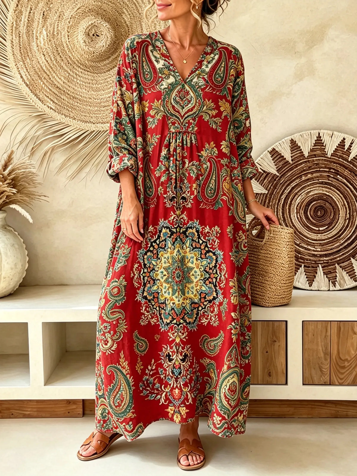 Women's Vintage Paisley Print V-Neck Boho Maxi Dress