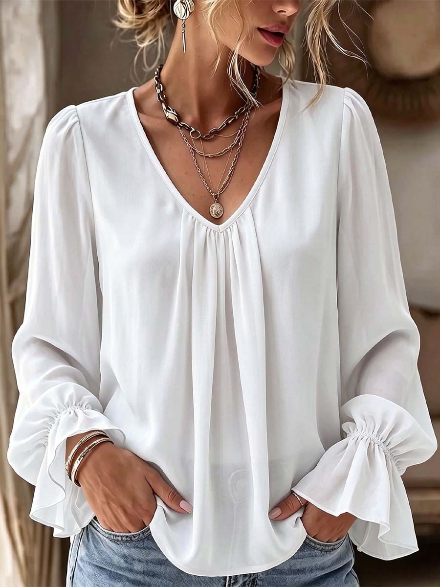 Solid Color Ruffle V Collar Art Stylish Casual Long Sleeve Shirt