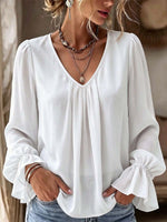 Solid Color Ruffle V Collar Art Stylish Casual Long Sleeve Shirt