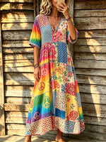 Women's Patchwork Peace Symbol Print V-Neck Flowy Maxi Dress