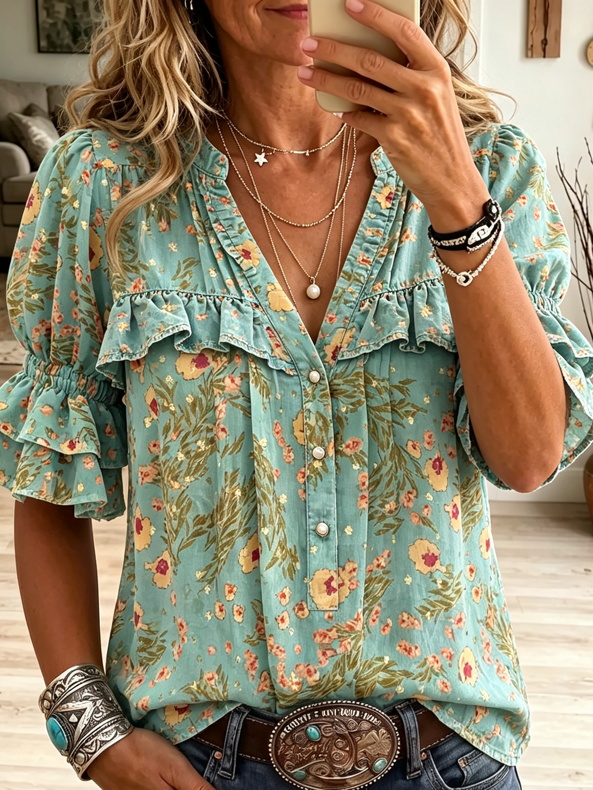 Women's Floral Print Ruffle Yoke Blouse