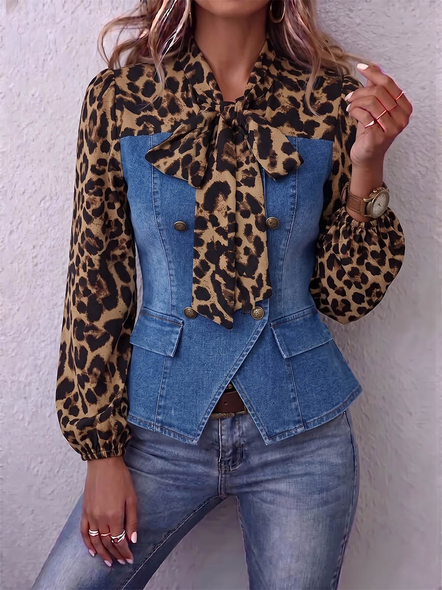 Vintage Elegant Denim Patchwork Leopard Print Lace-up Shirt