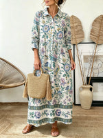 Women's Bird Botanical Border Print Collared Long Sleeve Maxi Dress