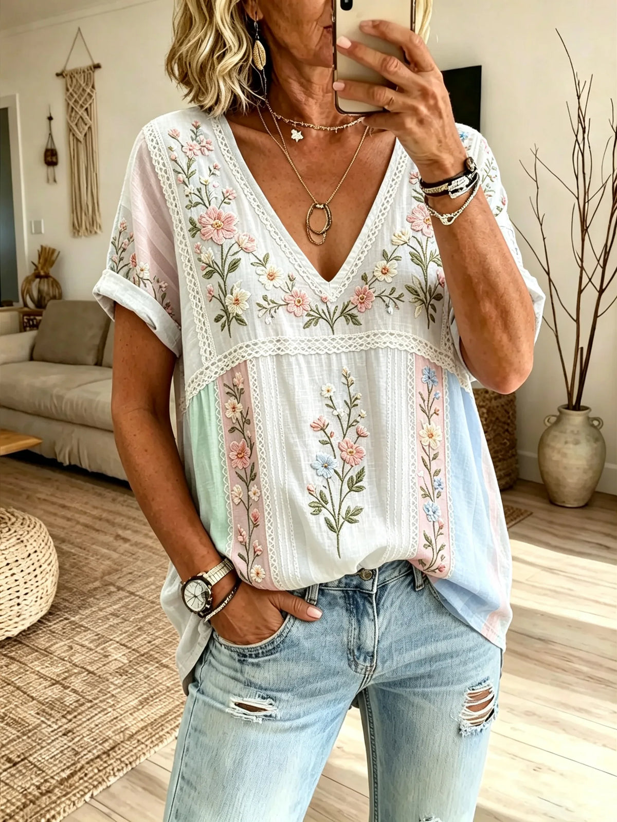 Women's Macaron Vertical Stripe Floral Print V-Neck Loose Short Sleeve Blouse