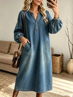 Women's Balloon Sleeve Henley Denim Midi Dress