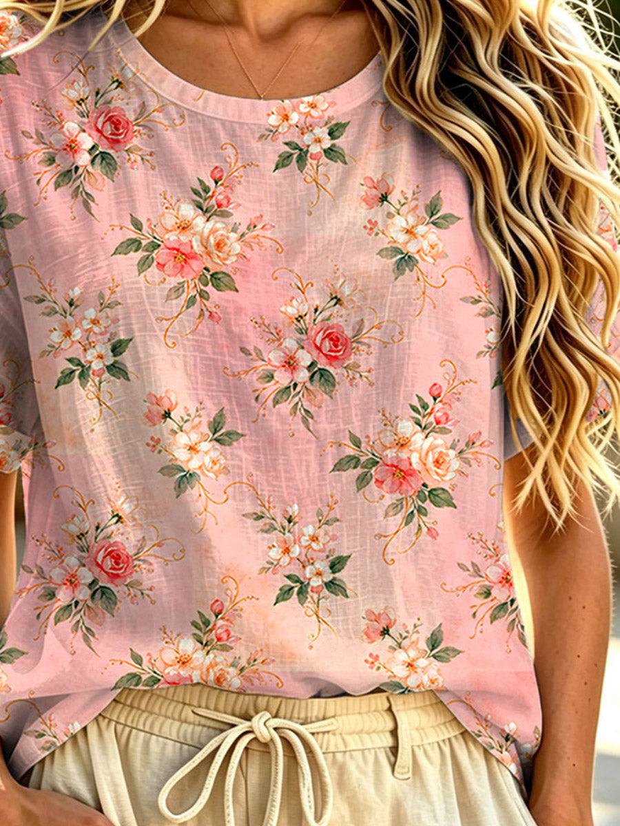 Women's Floral Pattern Art Print Casual Short Sleeve Linen T-shirt
