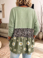 Women Boho Color Block Top Leopard Daisy Print Frayed Hem V‑Neck Long Sleeve Blouse