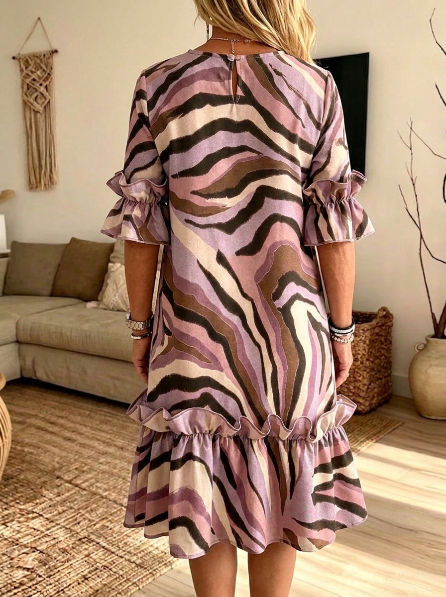 Colorful Zebra Stripe Ruffle Sleeve Midi Dress With Pockets