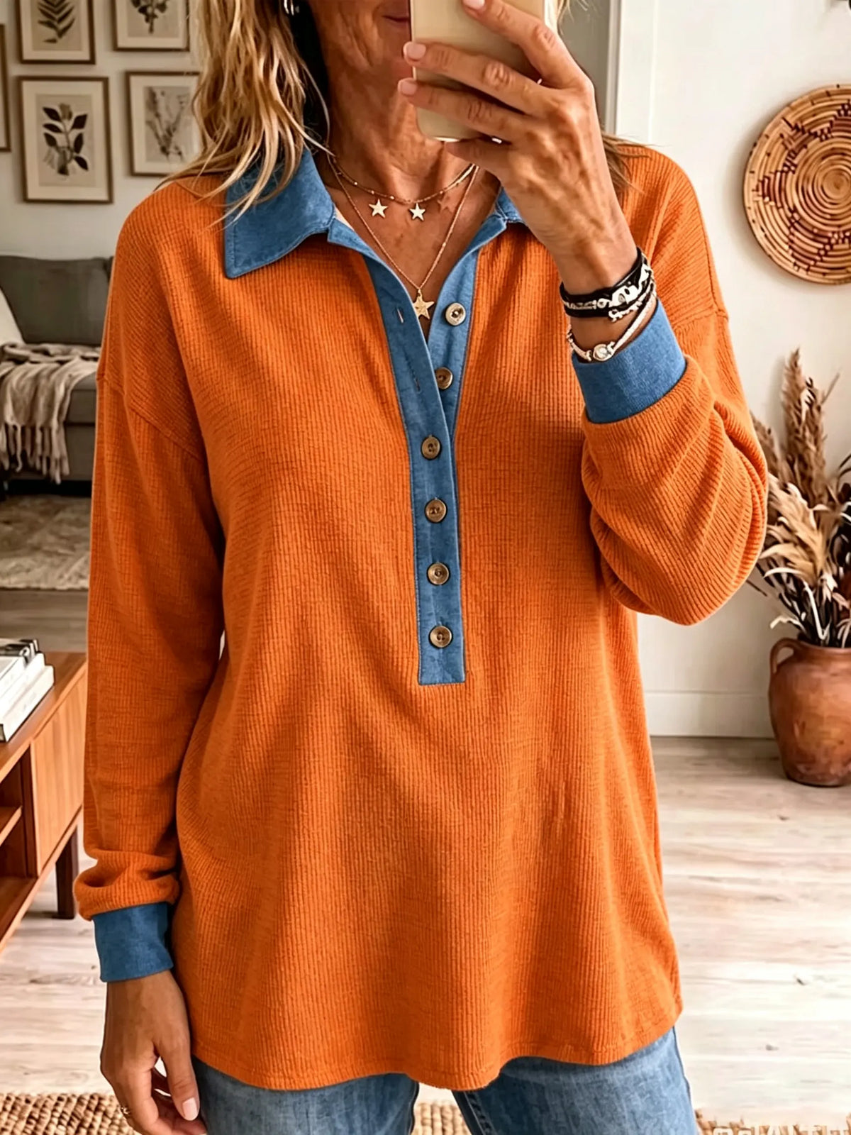 Women's Denim Trim Waffle Knit Henley Top