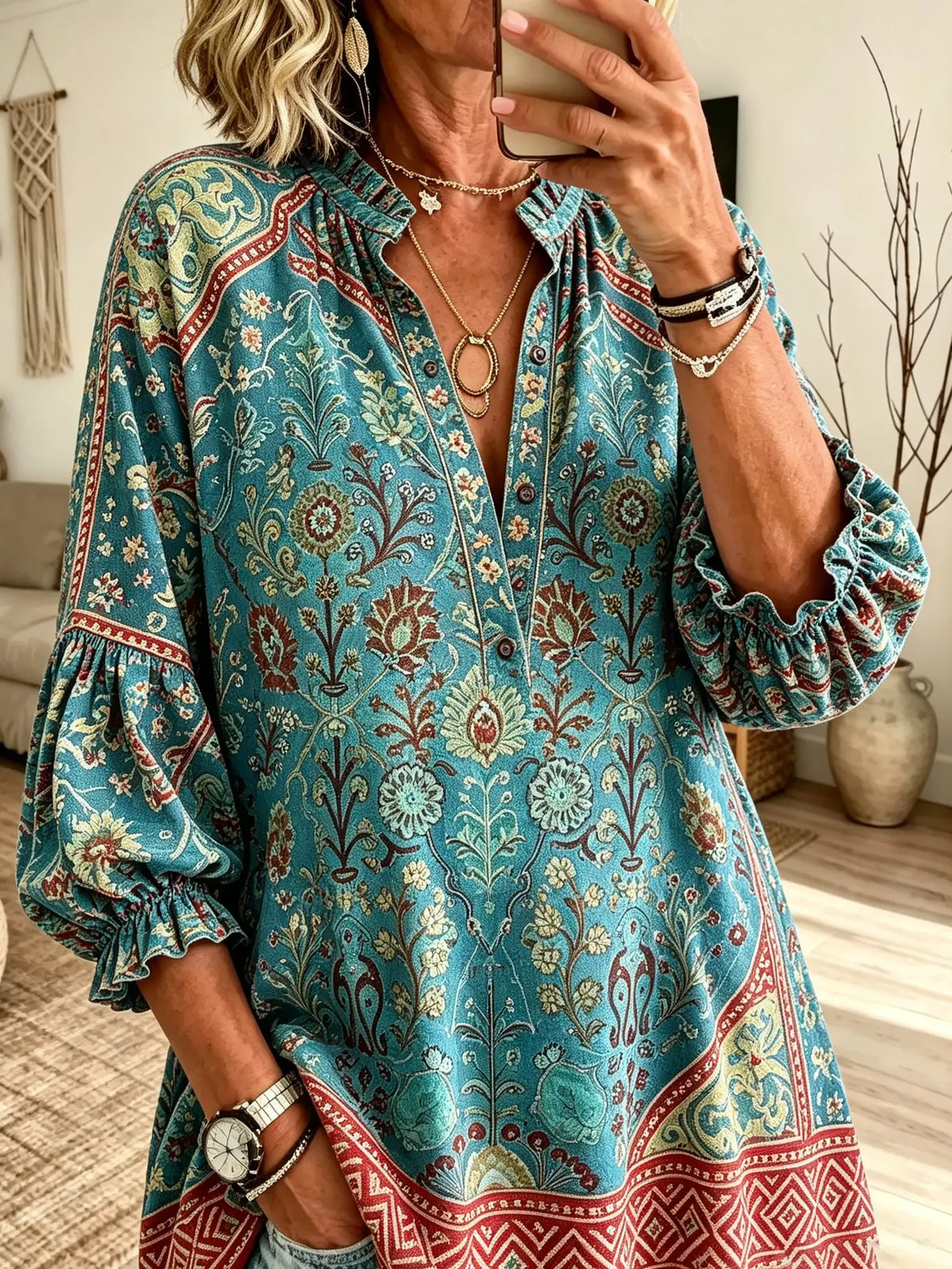 Women's Teal Vintage Ethnic Botanical Border Print Stand Collar Bubble Sleeve Blouse