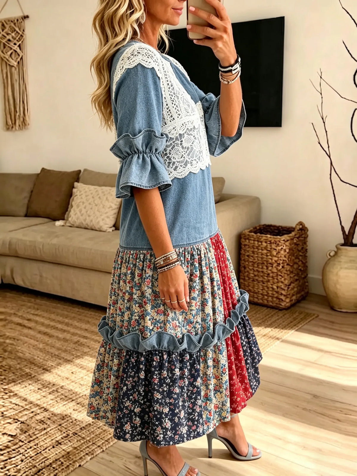Women Denim Lace Spliced Floral Patchwork Ruffle Midi Dress