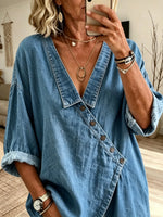 Women's Solid Diagonal Button Lapel Denim Loose Three-Quarter Sleeve Blouse