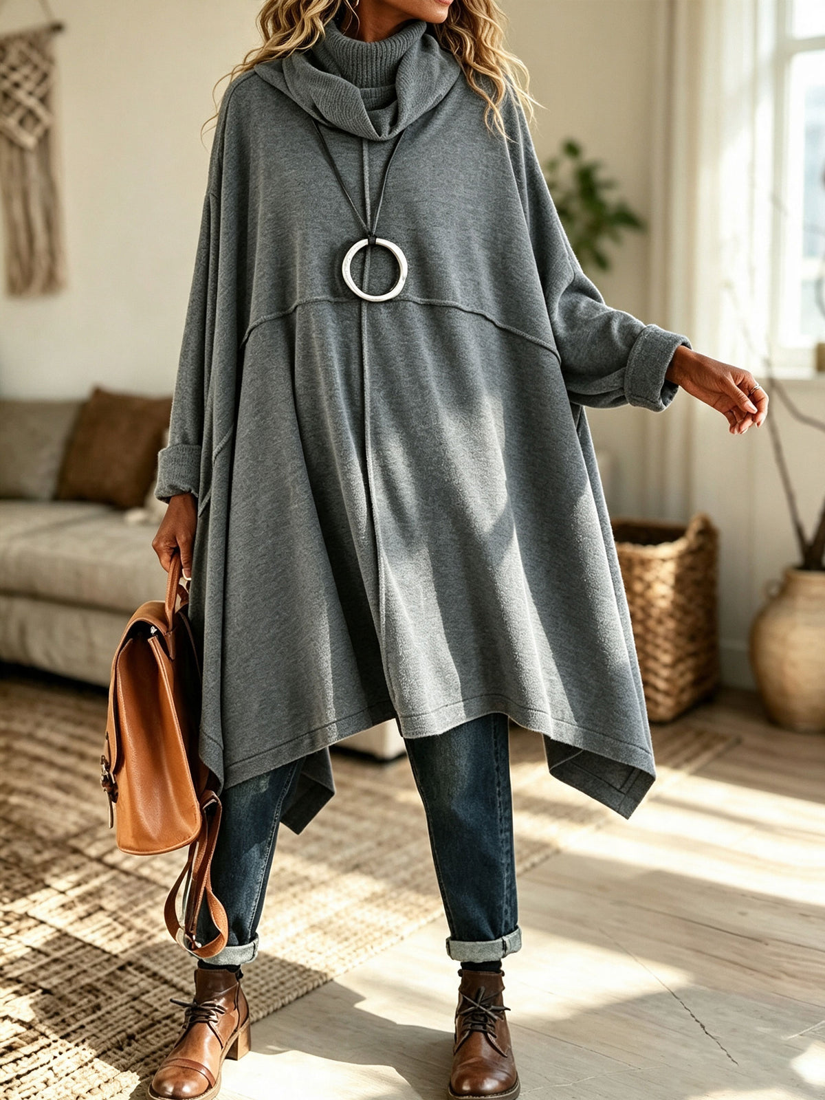 Women Oversized Cowl Neck Poncho Coat Loose Asymmetric Hem Knit Outerwear