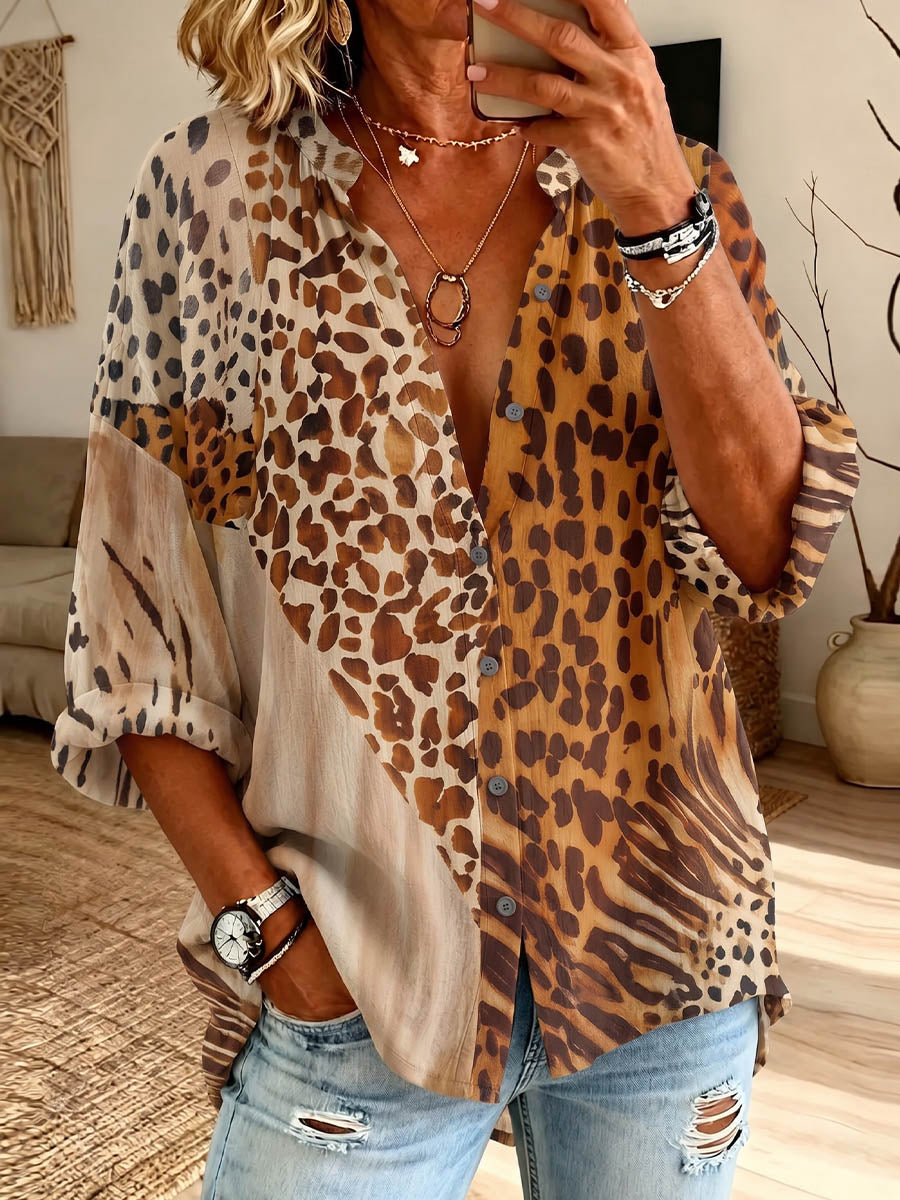 Vintage Elegant Button Long Sleeve Patterned Shirt
