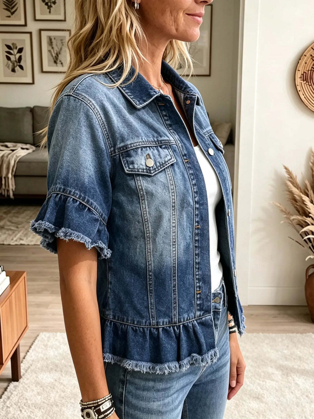 Women's Ruffled Hem Short Sleeve Denim Jacket