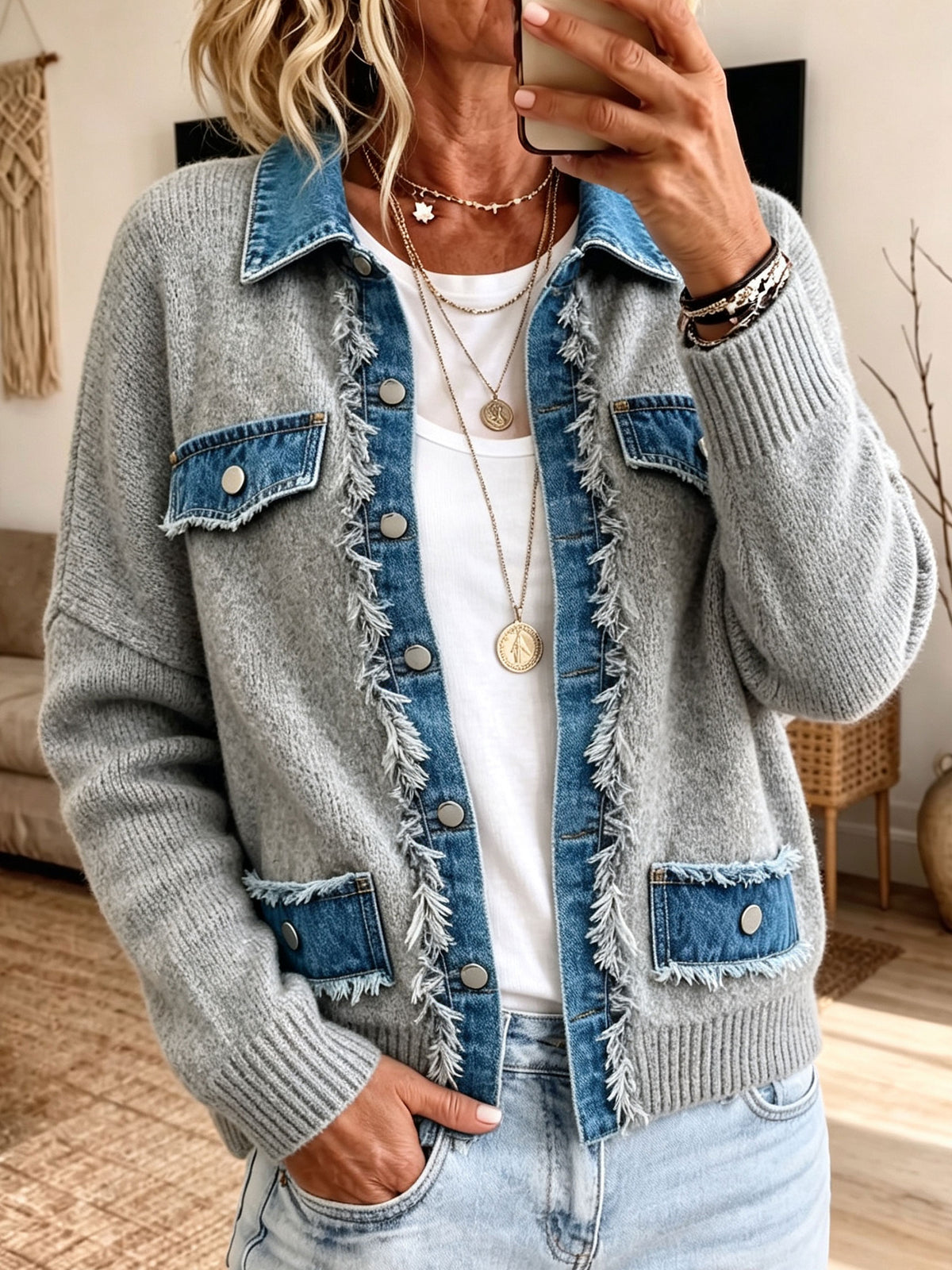 Women Denim Patchwork Knit Cardigan Frayed Trim Collared Button Down Sweater Jacket