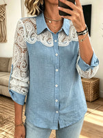 Women Collared Button‑Down Lace Spliced Roll‑Tab Long Sleeve Blouse
