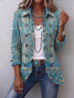 Retro Floral Pattern Art Print Ruffle Casual Stylish Cotton Lapel Coat
