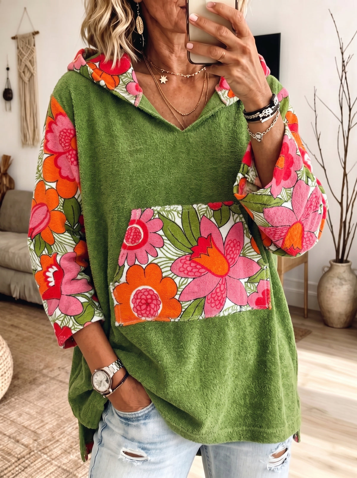 Women Green Terry Hoodie Retro Floral Splice 3/4 Sleeve Kangaroo Pocket Casual Top
