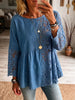 Vintage Elegant Denim Patchwork Openwork Floral Lace Shirt