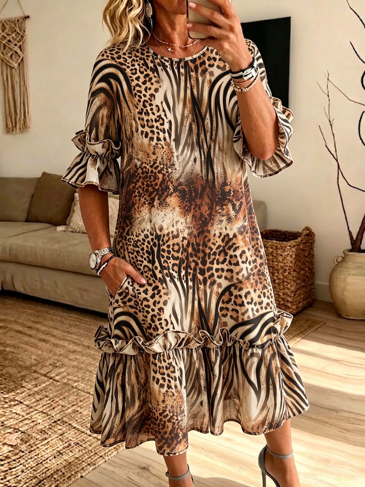 Women Mixed Animal Print Ruffle Midi Dress Loose Casual Pocket Summer Dress