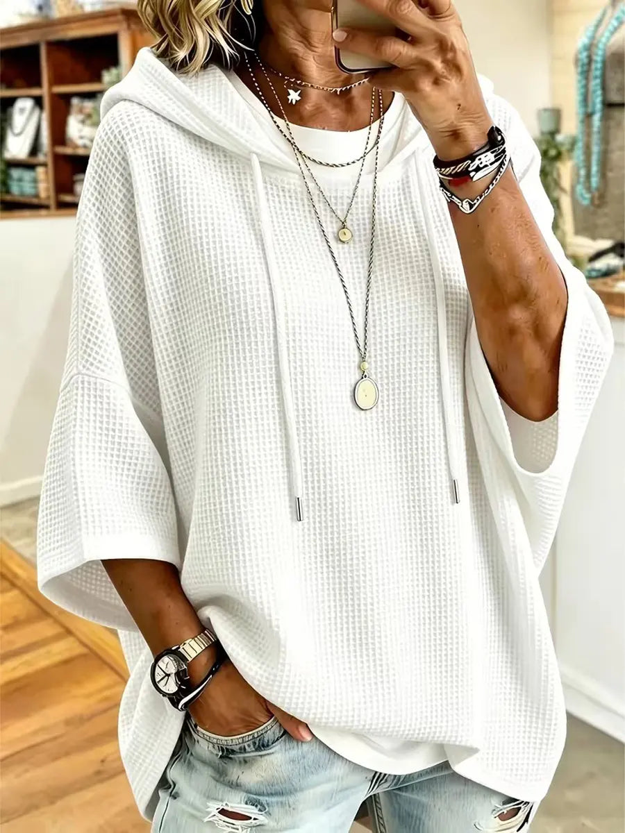 Retro Cozy Comfortable Stylish Art Hooded Waffle 3/4 Sleeve Casual Top